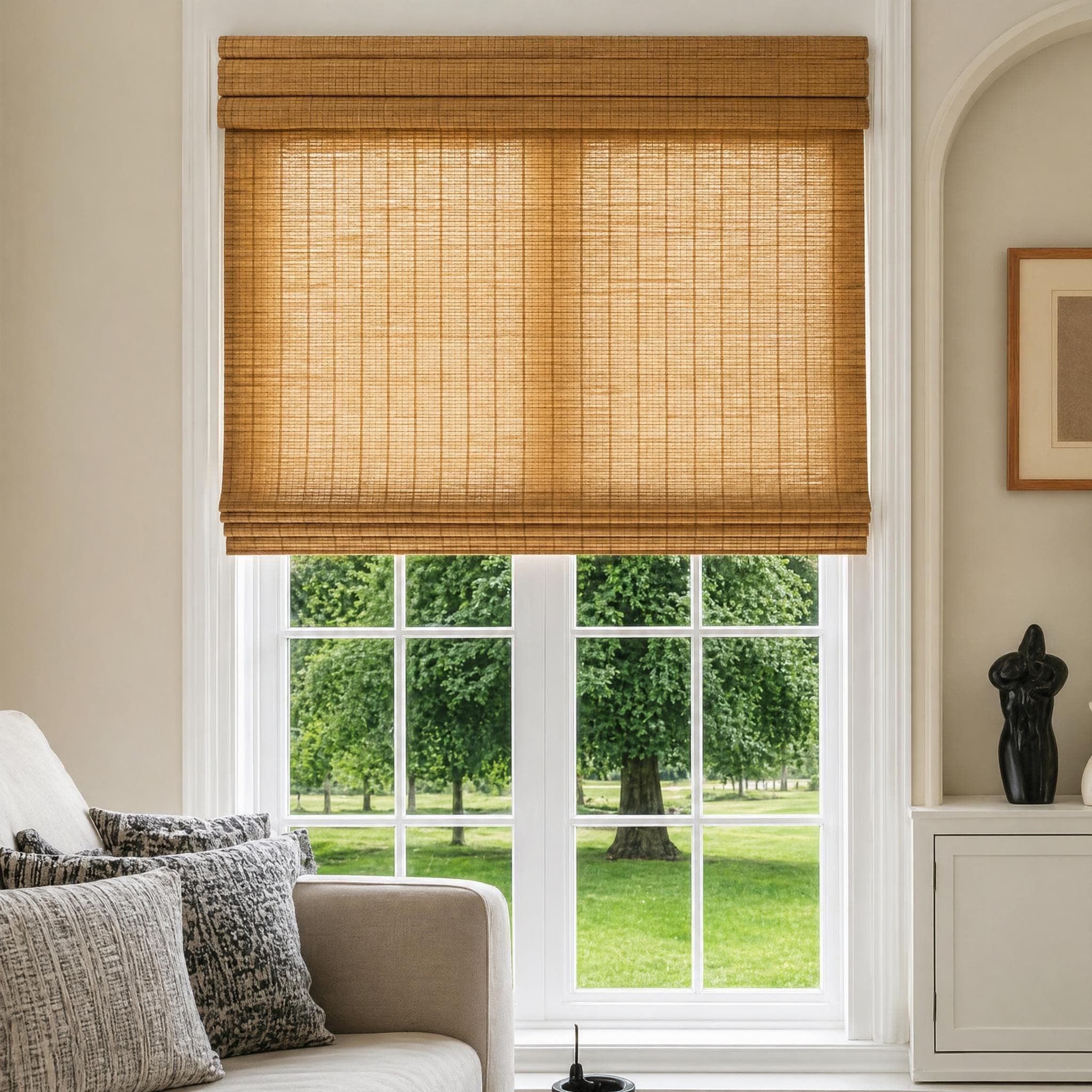 Natural bamboo Roman shades, sustainable materials